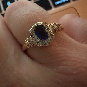 antique style blue and clear cz ring gold band siz 7